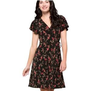Kaleigh Kaela Black Floral Faux Wrap Knit Dress L